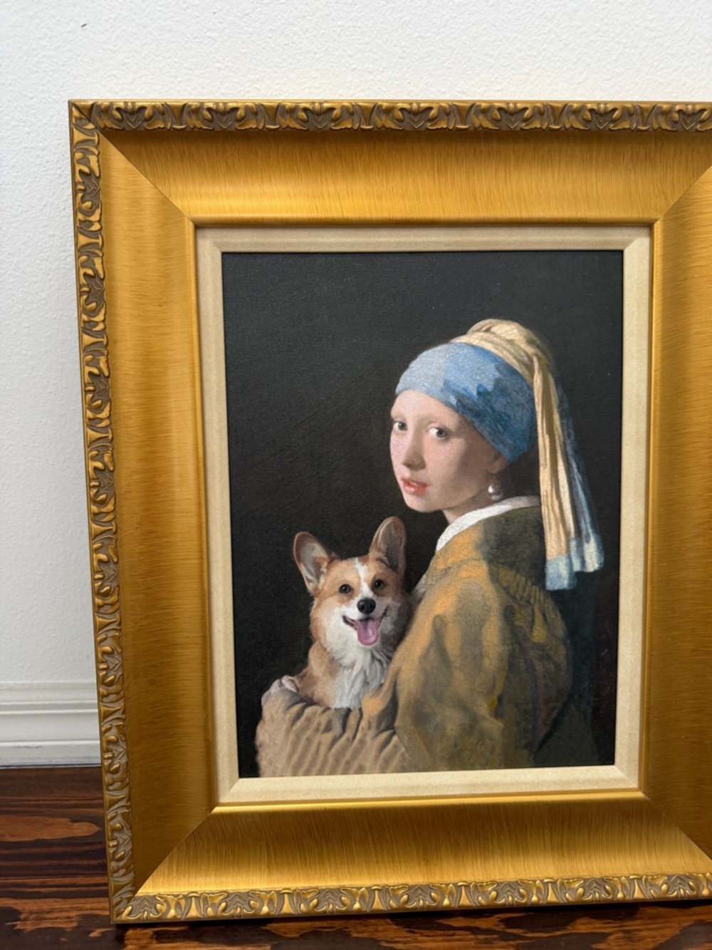 Framed 'Girl with a Pearl Earring' Style Oil Painting with Corgi - Gold Frame - Picture 14 of 16